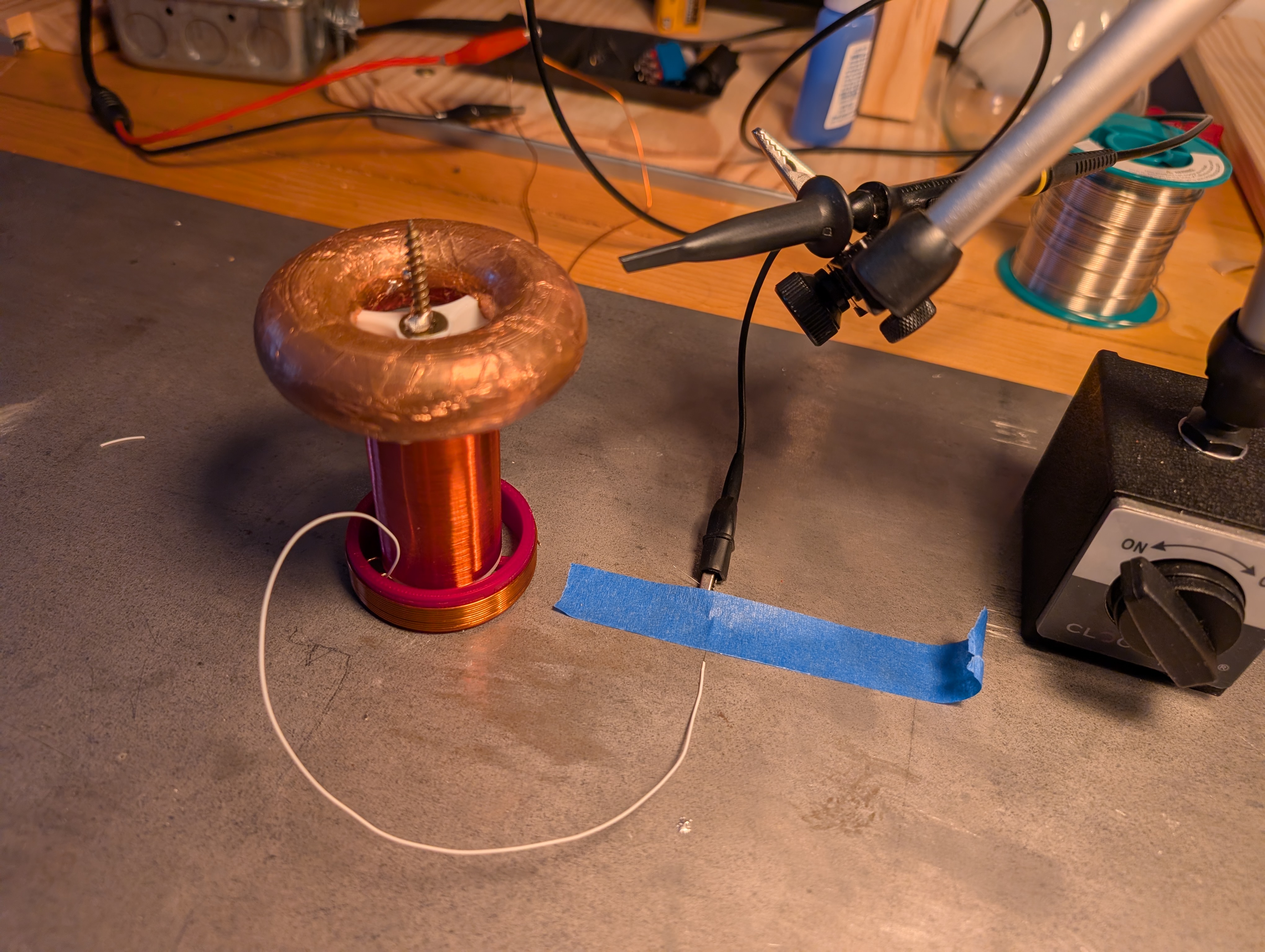 a tesla coil with a scope probe suspended nearby