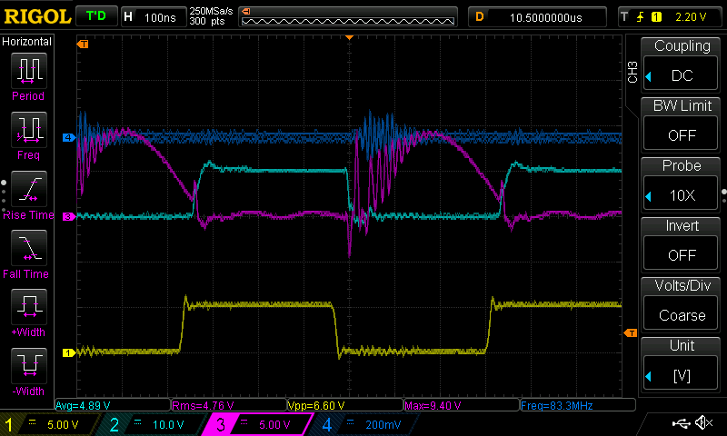 an oscilloscope trace showing much-improved spikes and ringing