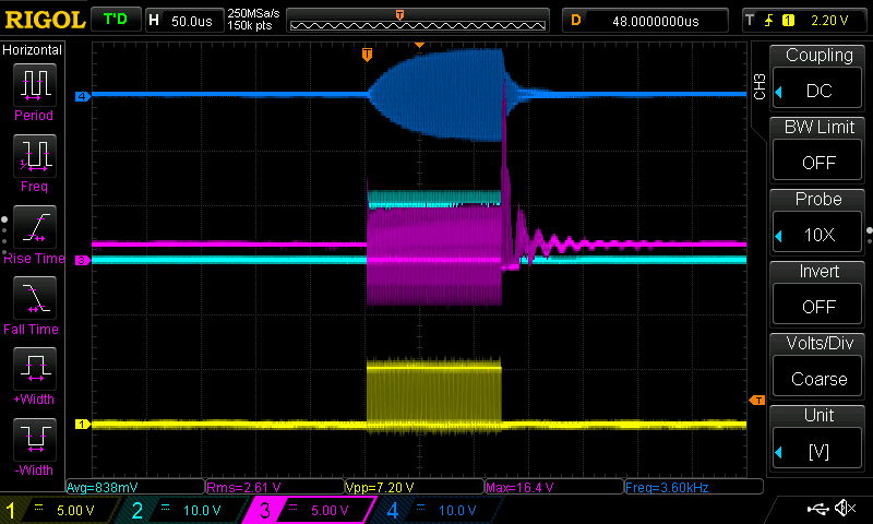 an oscilloscope trace showing an increasing secondary voltage