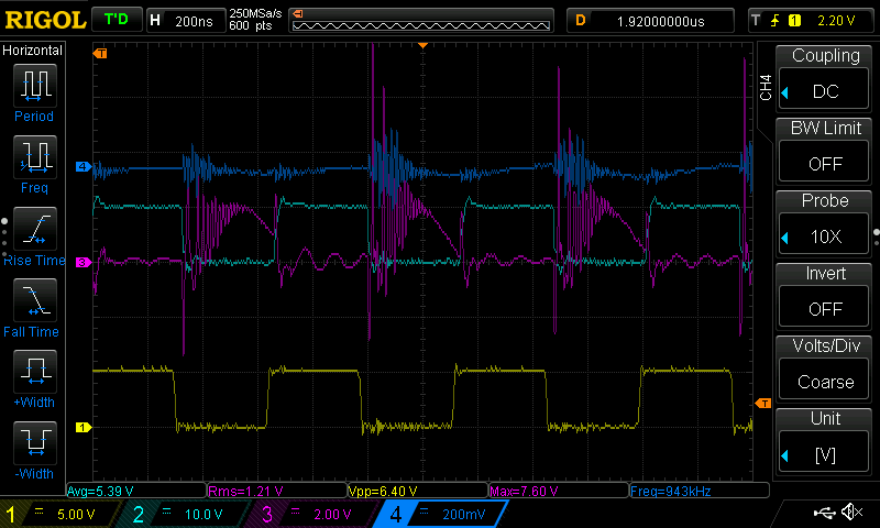an oscilloscope trace showing severe spikes and ringing